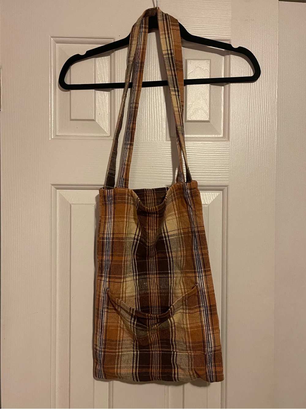 Handmade Brown & Tan Plaid Woven Fabric Tote Bag